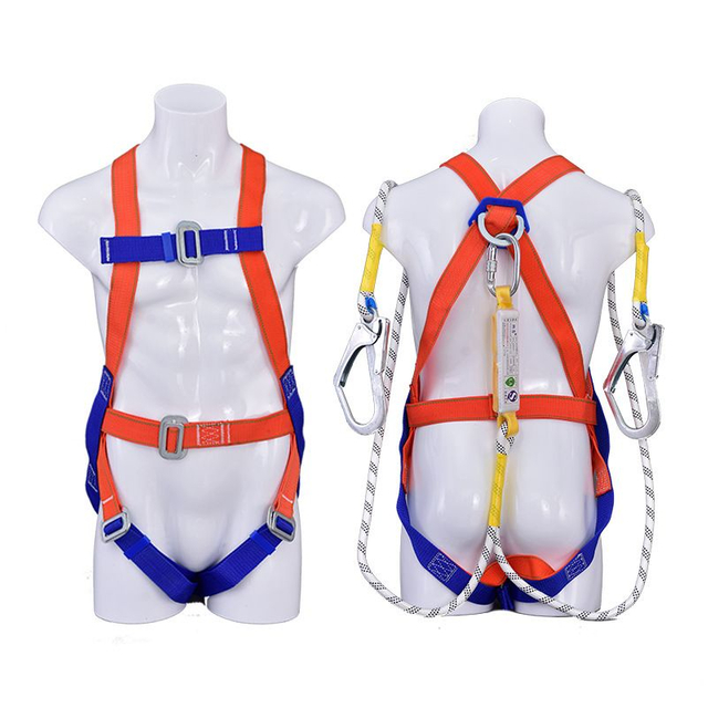 orange and blue belt printed CE EN361 EN 358 EN354 double hooks lanyard aerial working protection harness